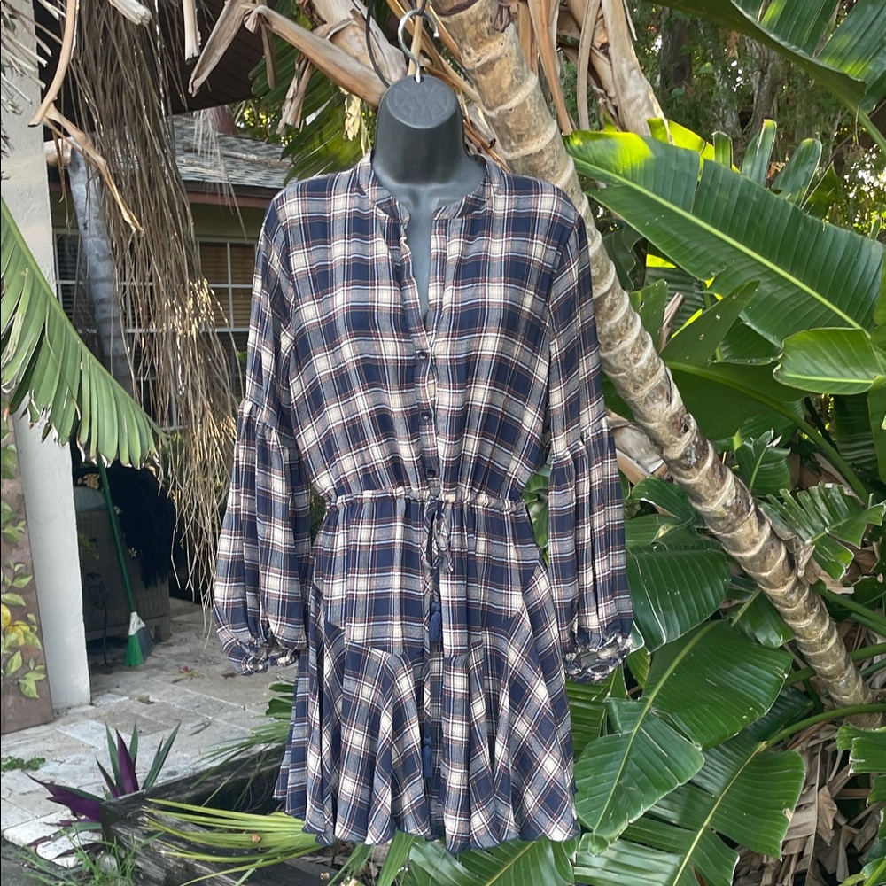 AAkAA plaid drop waist statement sleeve plaid dress